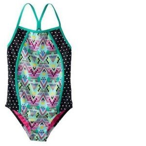 *Swimsuit Speedo sz 12 Black Dot Blue Geo 1 Pc Silicone Gripper Racerback Girls